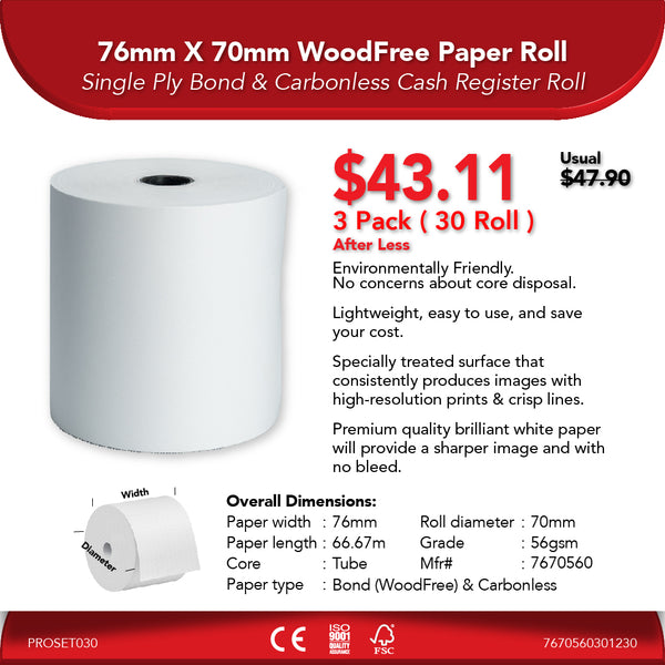 76mm X 70mm 56gsm WoodFree Paper Roll | 3 Pack ( 30 Roll ) | 10% Off