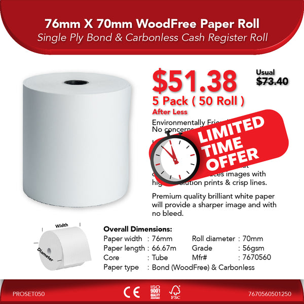 76mm X 70mm 56gsm WoodFree Paper Roll | 5 Pack ( 50 Roll ) | 30% Off