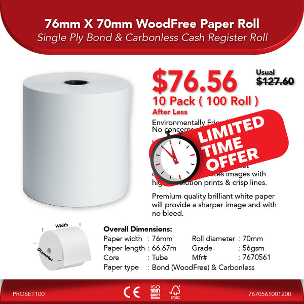 76mm X 70mm 56gsm WoodFree Paper Roll | 10 Pack ( 100 Roll ) | 40% Off