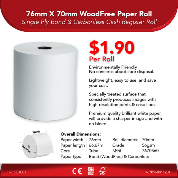 76mm X 70mm 56gsm WoodFree Paper Roll | 1 Roll