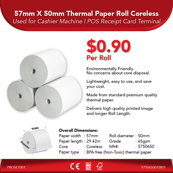 57mm X 50mm 65gsm Thermal Paper Roll Coreless | 1 Roll