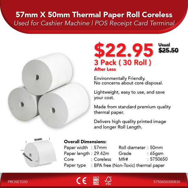 57mm X 50mm 65gsm Thermal Paper Roll Coreless | 3 Pack ( 30 Roll ) | 10% Off