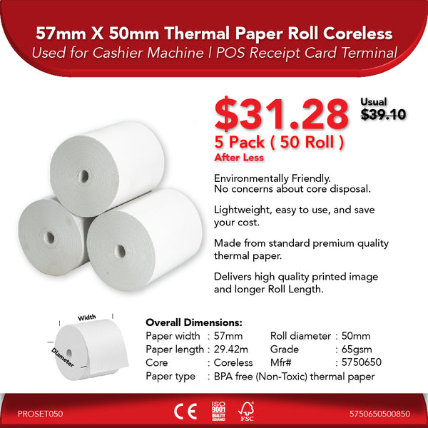 57mm X 50mm 65gsm Thermal Paper Roll Coreless | 5 Pack ( 50 Roll ) | 20% Off
