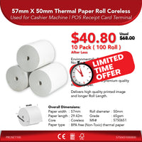 57mm X 50mm 65gsm Thermal Paper Roll | 10 Pack ( 100 Roll ) | 40% Off