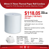 80mm X 76mm 65gsm Thermal Paper Roll Coreless | 10 Pack ( 100 Roll ) | 25% Off.