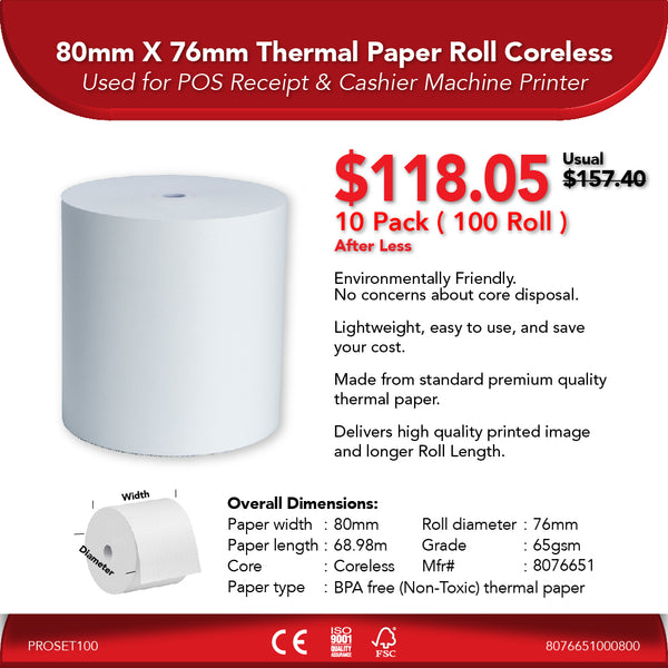80mm X 76mm 65gsm Thermal Paper Roll Coreless | 10 Pack ( 100 Roll ) | 25% Off